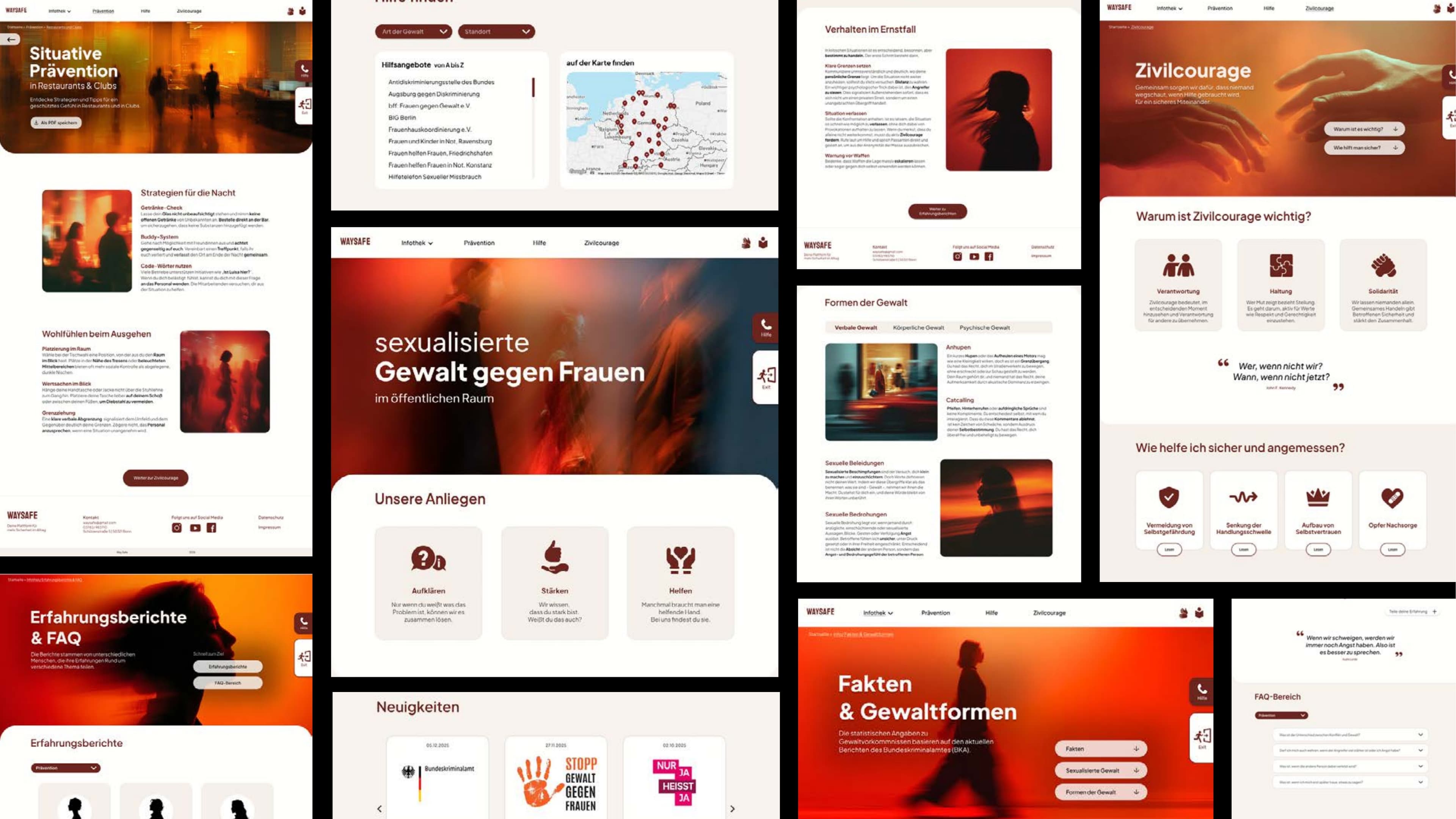 Rasteransicht vieler Mockups: Startseite, Prävention, Hilfe finden, Zivilcourage, Formen der Gewalt und mehr, alle in derselben Bildsprache
