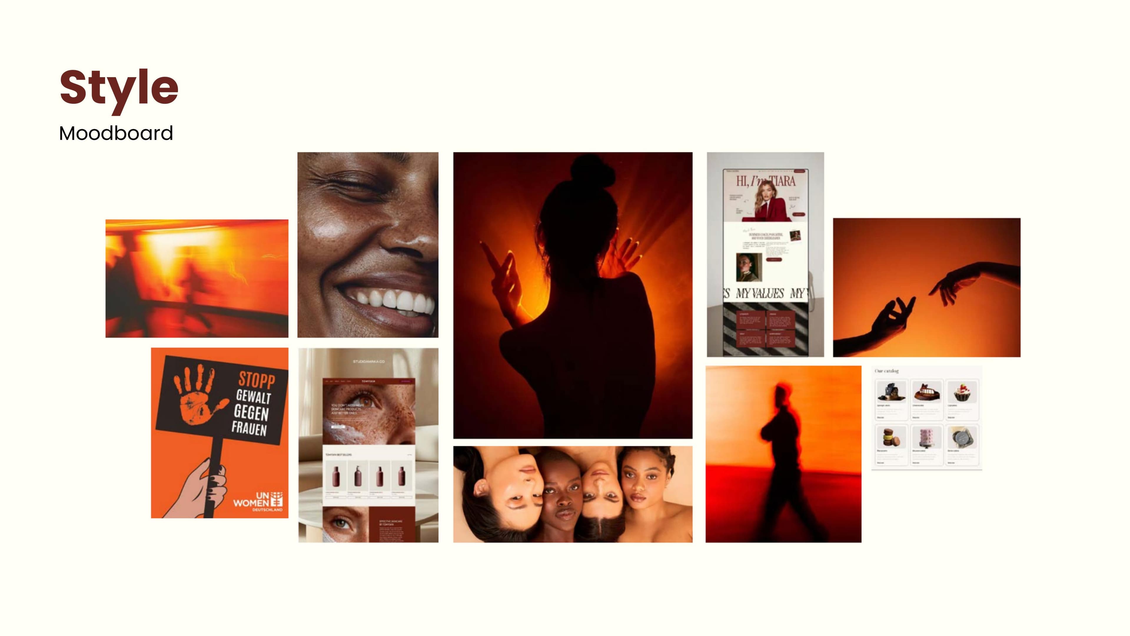 Moodboard mit Rot-Orange-Bildwelt: Silhouetten, Kontraste und Kampagnenmotive als Stilreferenz