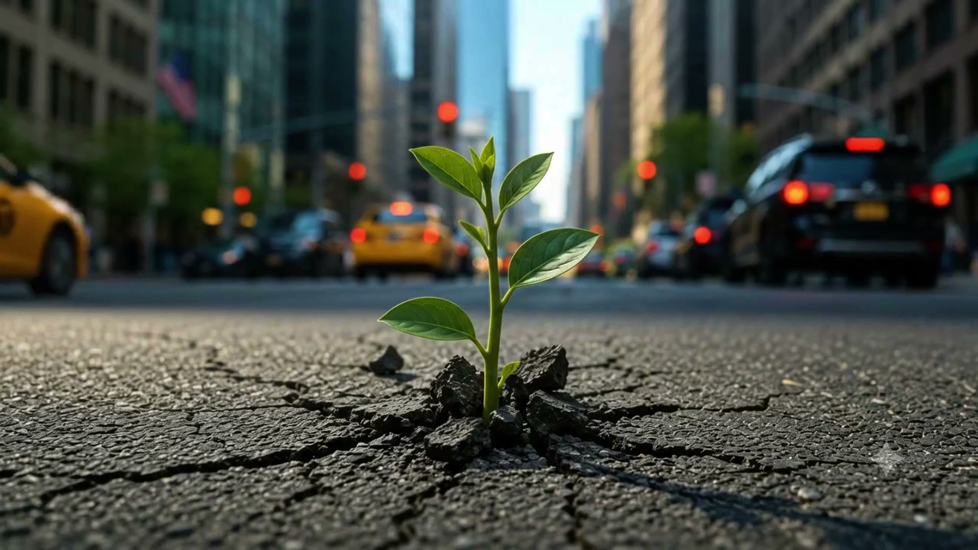 Filmstill aus Initiative für grünere Städte, ein Trieb wächst durch den Asphalt einer Großstadtstraße