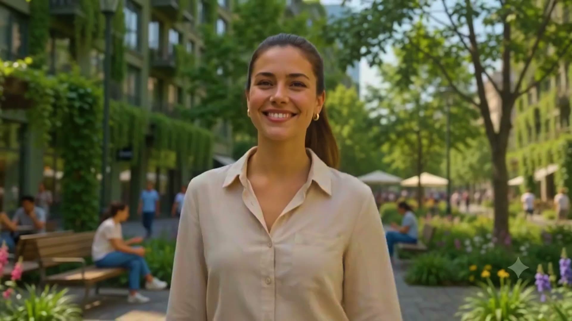 Filmstill aus Initiative für grünere Städte, eine Frau in einer begrünten Stadt der Zukunft