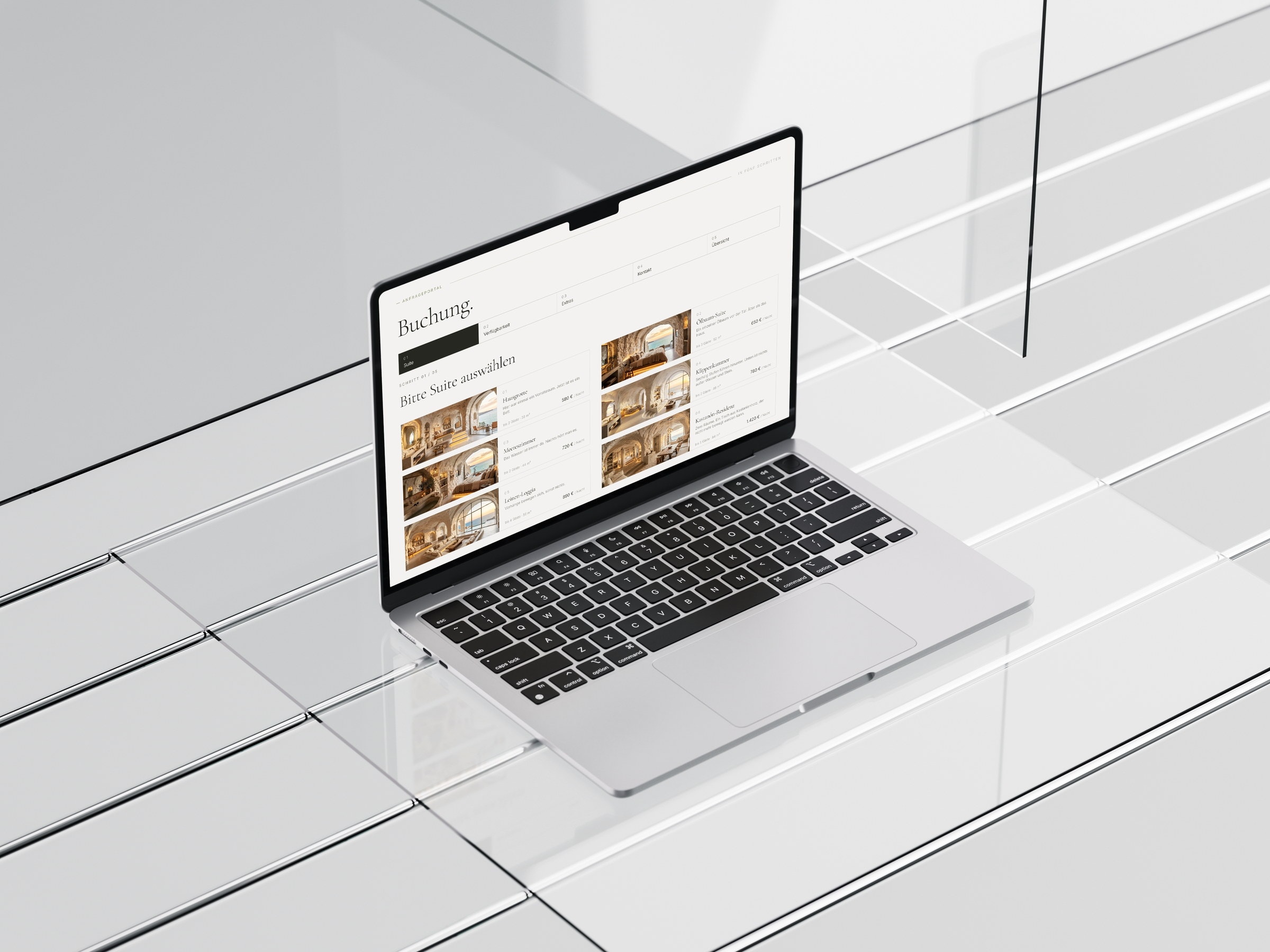 Mockup: Das Buchungsportal von Celestial Haven auf einem Laptop, Schritt „Suite auswählen“