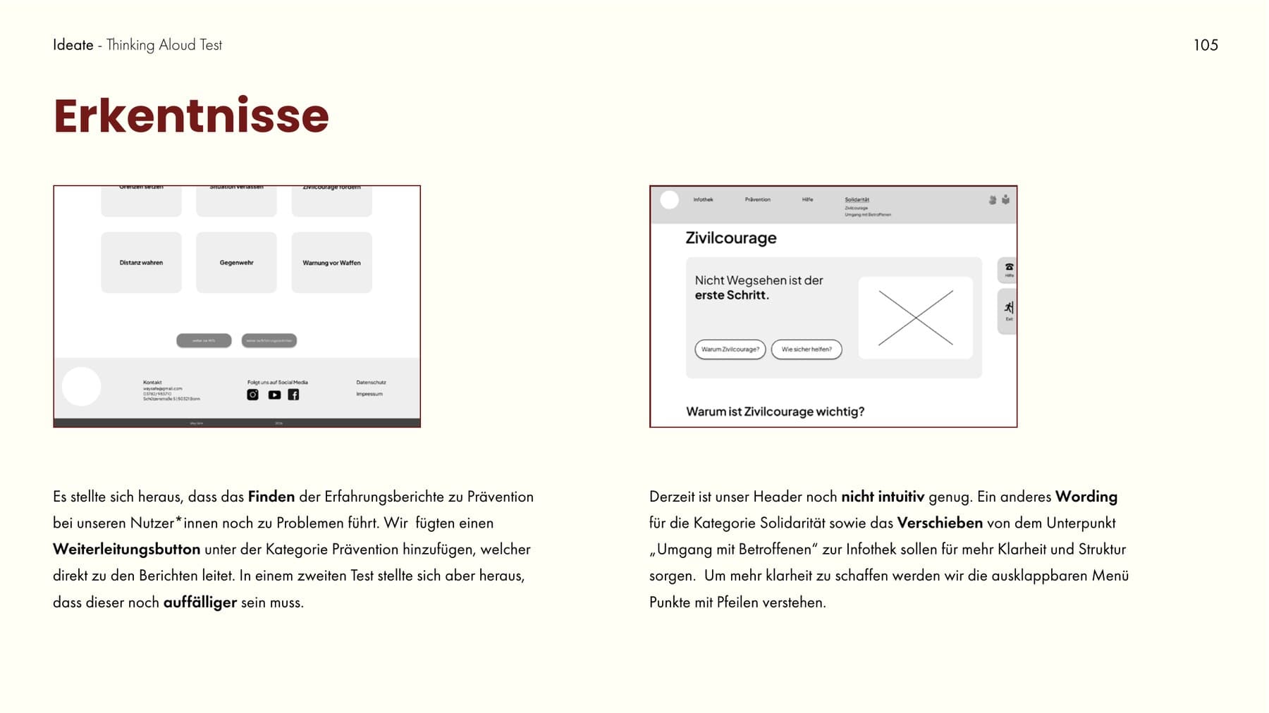 Doku-Seite „Erkenntnisse“ mit Wireframe-Iteration nach dem ersten Thinking-Aloud-Test