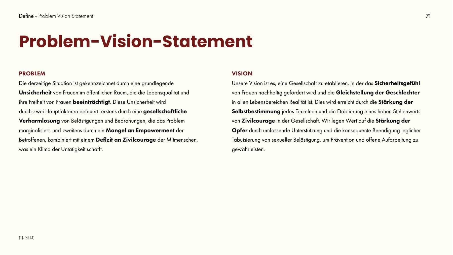Doku-Seite „Problem-Vision-Statement“ mit den benannten Ursachen und der gemeinsamen Vision des Teams