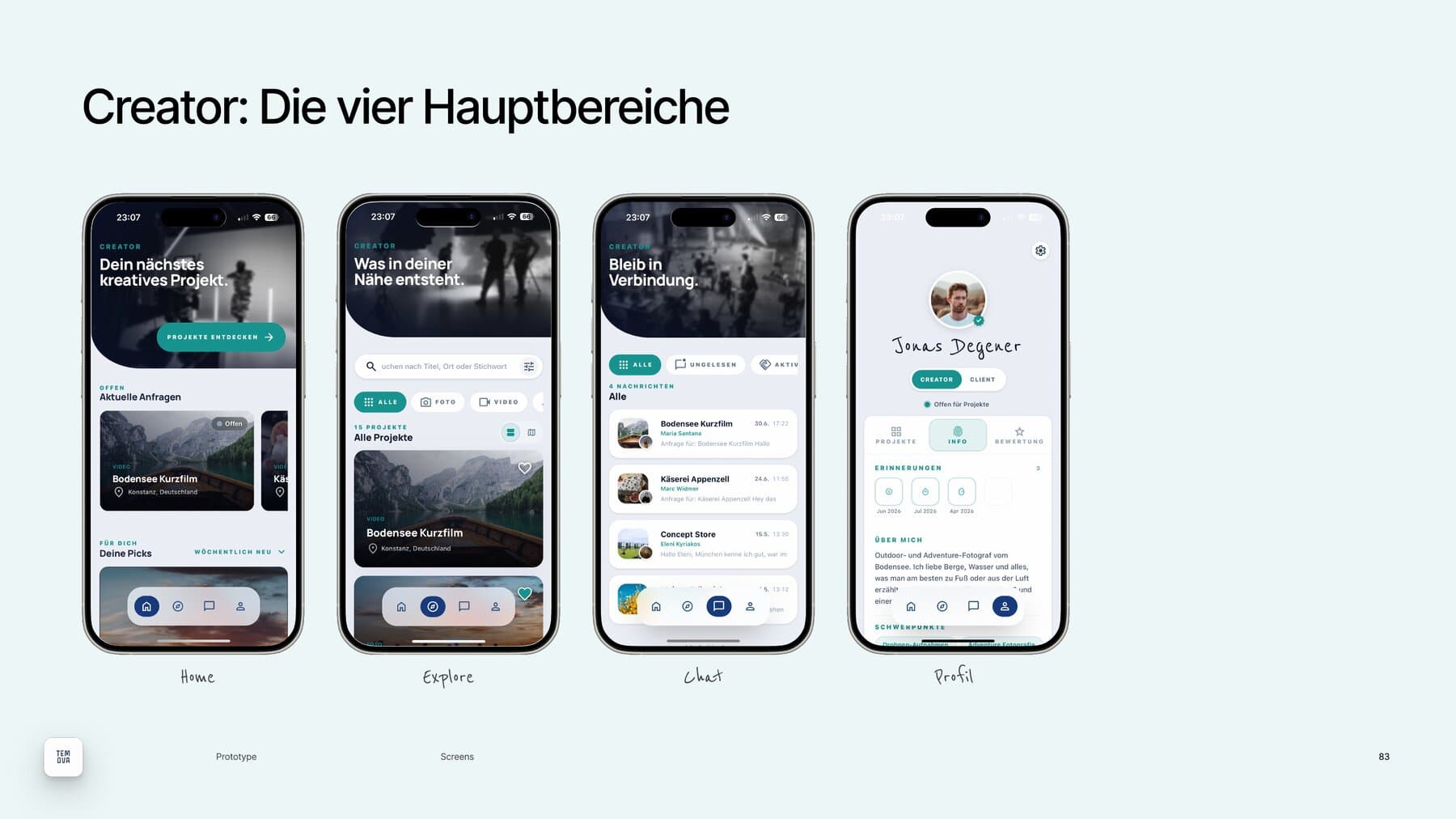 Vier iPhone-Screens des Creator-Modus: Home, Explore, Chat und Profil