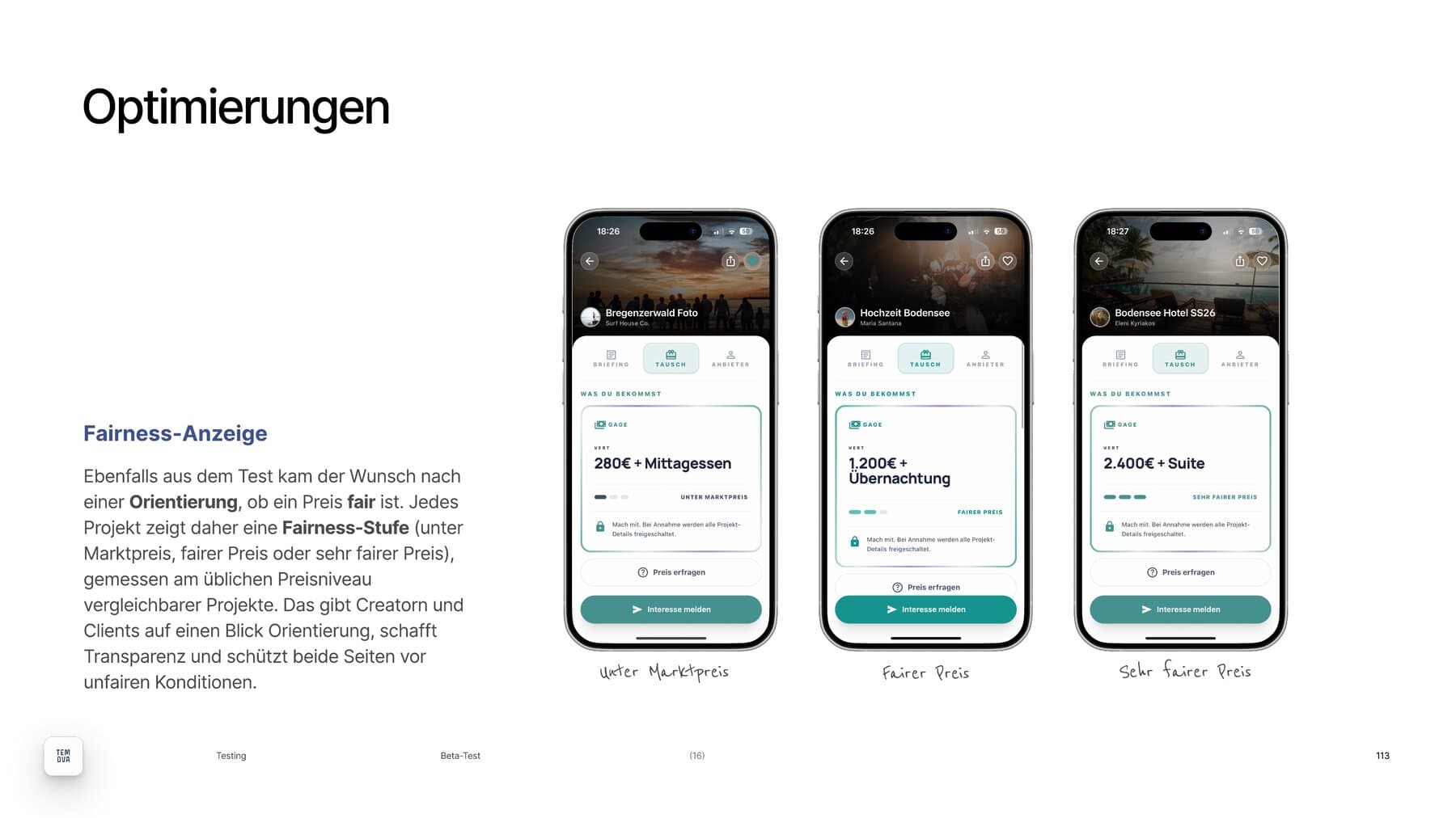 Optimierung „Fairness-Anzeige“: 3 Projektkarten mit den Preisstufen unter Marktpreis, fairer Preis und sehr fairer Preis