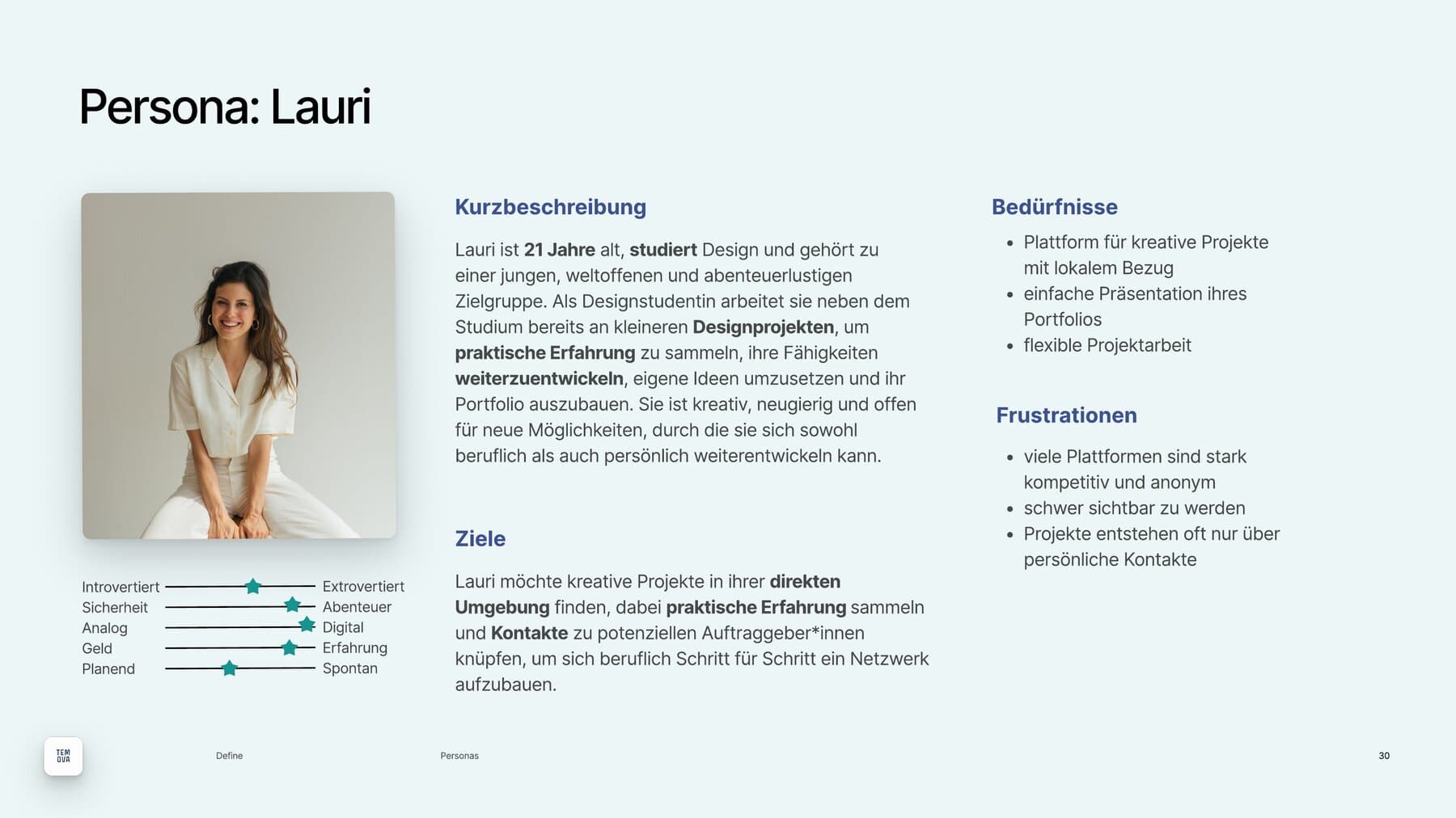 Persona-Blatt zu Lauri: Hintergrund, Ziele, Frustrationen und Tagesablauf der Creator-Studentin